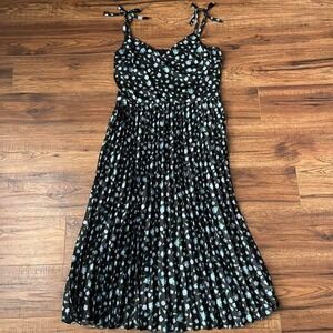 Betsey Johnson Floral Pleated Aline Dress Women 14 Satin Blue Black Floral Boho